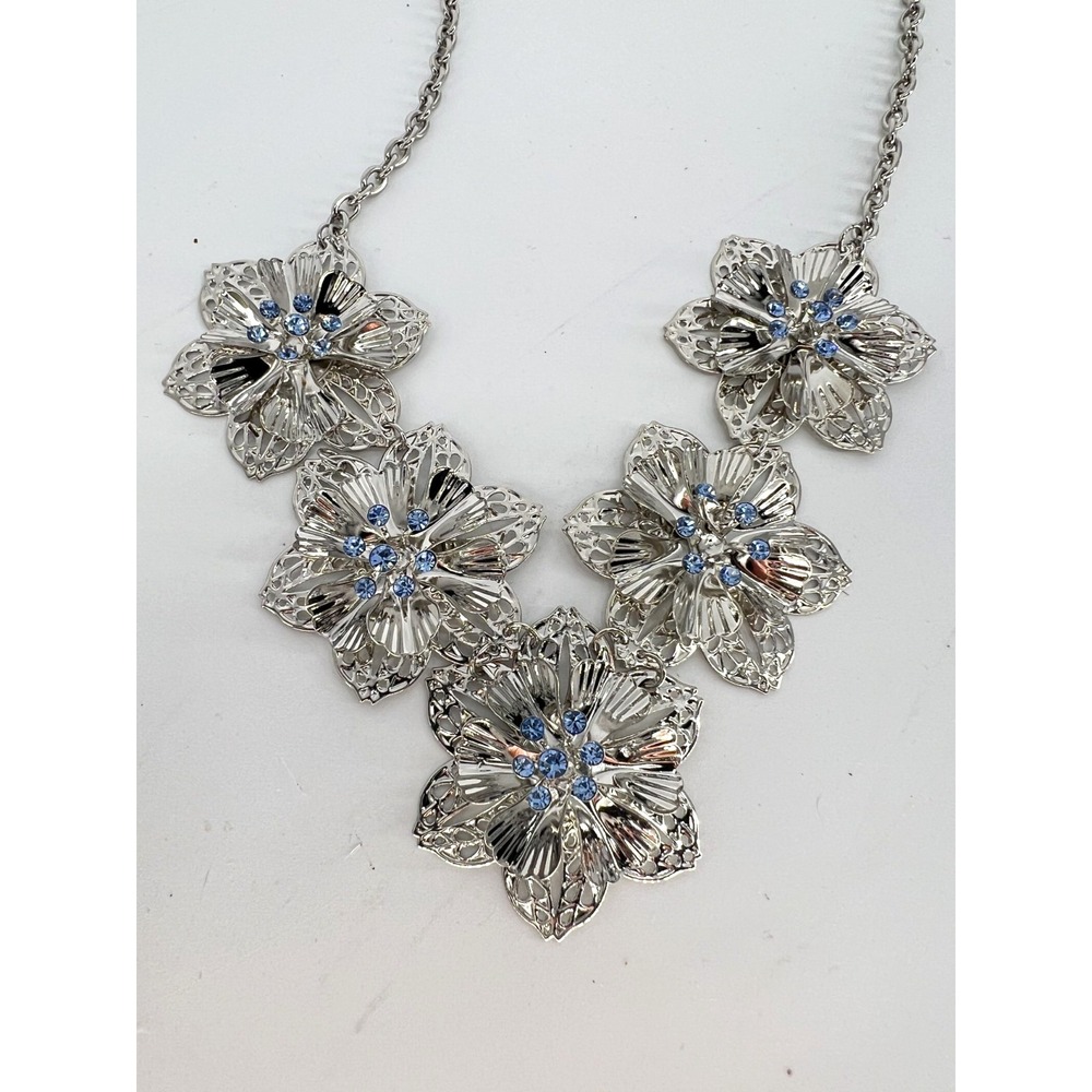 Silver Flower Necklace With Blue Rhinestones